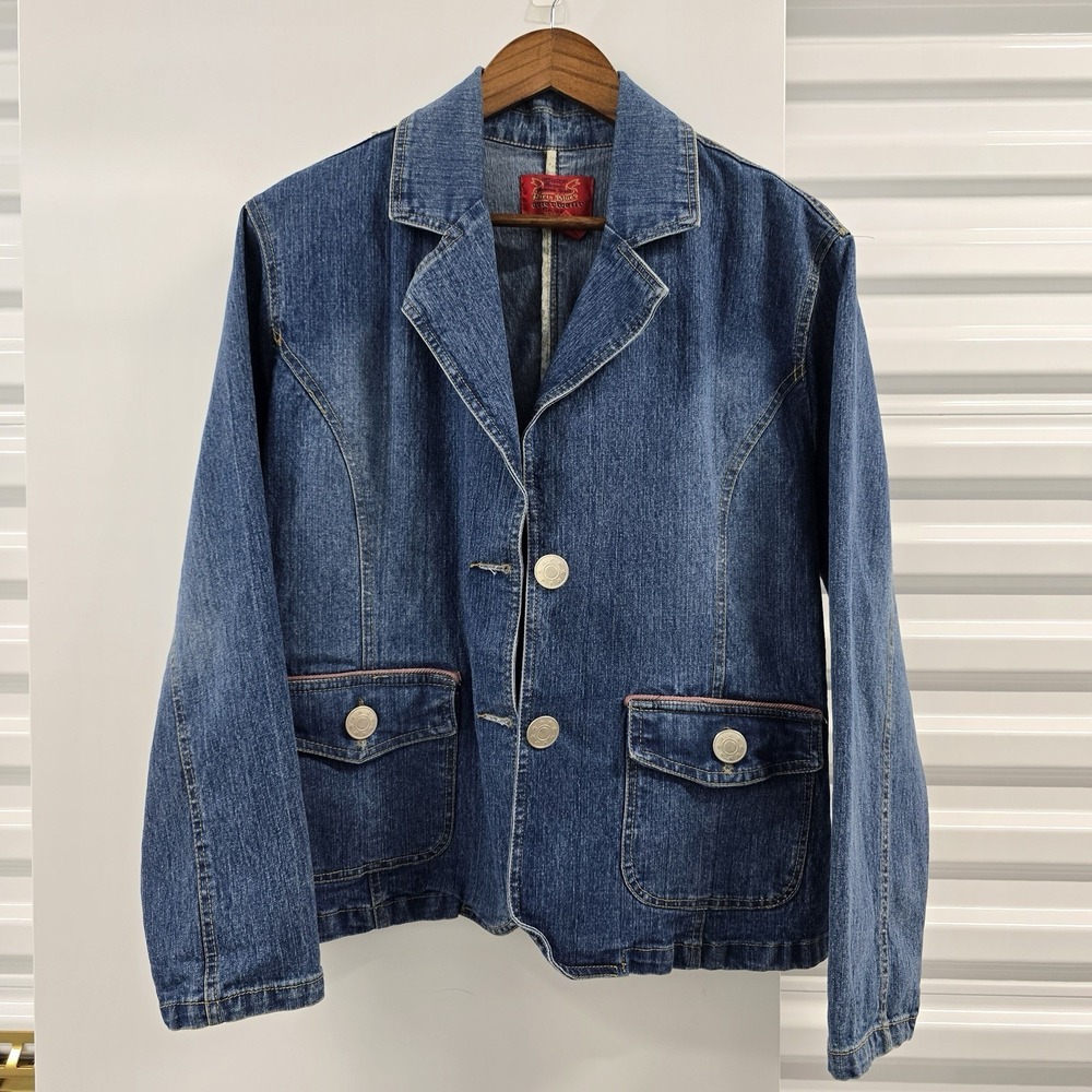 Vintage Y2K Paris Blues Denim Blazer Jacket Women's 2X Pink Trim Stretch